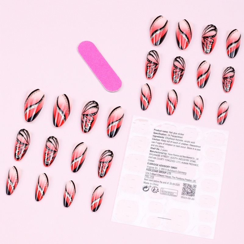 24Pcs Long Stiletto Press on Nails Box Acrylic False Nails with Almond Designs Black Gold Foil French Full Cover Fake Nail Tips