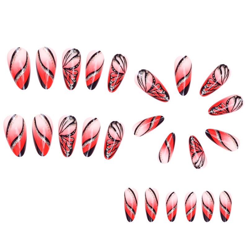 24Pcs Long Stiletto Press on Nails Box Acrylic False Nails with Almond Designs Black Gold Foil French Full Cover Fake Nail Tips