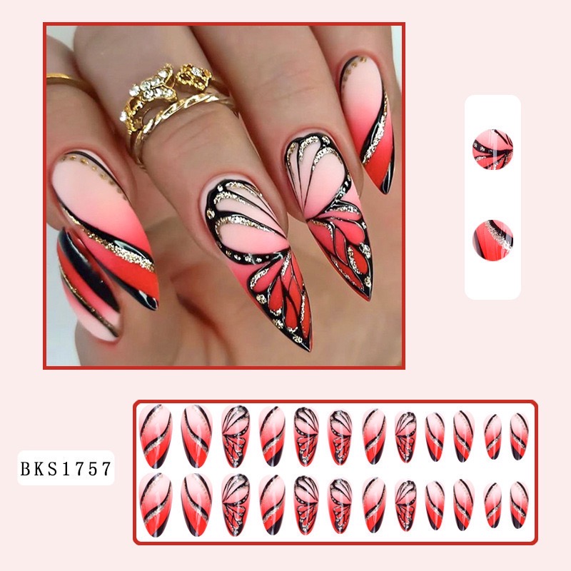 24Pcs Long Stiletto Press on Nails Box Acrylic False Nails with Almond Designs Black Gold Foil French Full Cover Fake Nail Tips
