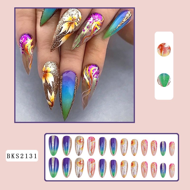 24Pcs Short Almond False Nails Press on Colourful Halo dyeing Wearable Blue Starry Sky French Fake Nails Set Manicure Nail Art