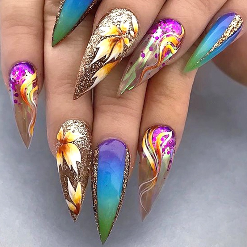 24Pcs Short Almond False Nails Press on Colourful Halo dyeing Wearable Blue Starry Sky French Fake Nails Set Manicure Nail Art