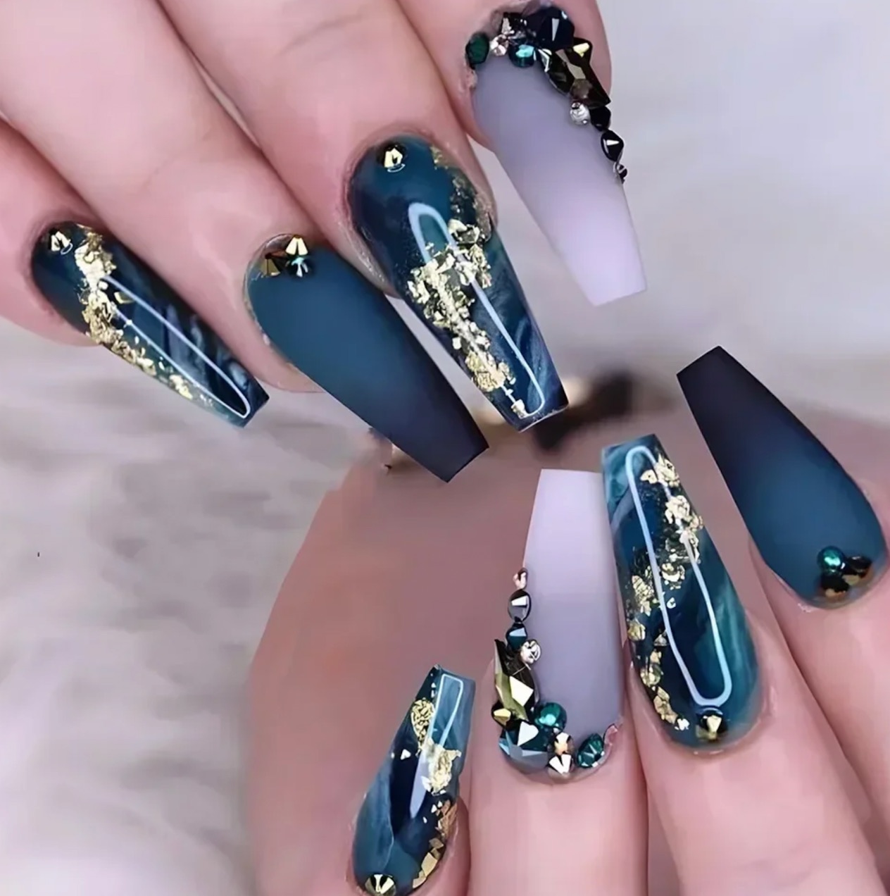 24Pcs False Nails Rhinestone Glitter Marble Grain Design Fake Fingernails Long Ballet Wearable Acrylic Full Cover Press on Nails