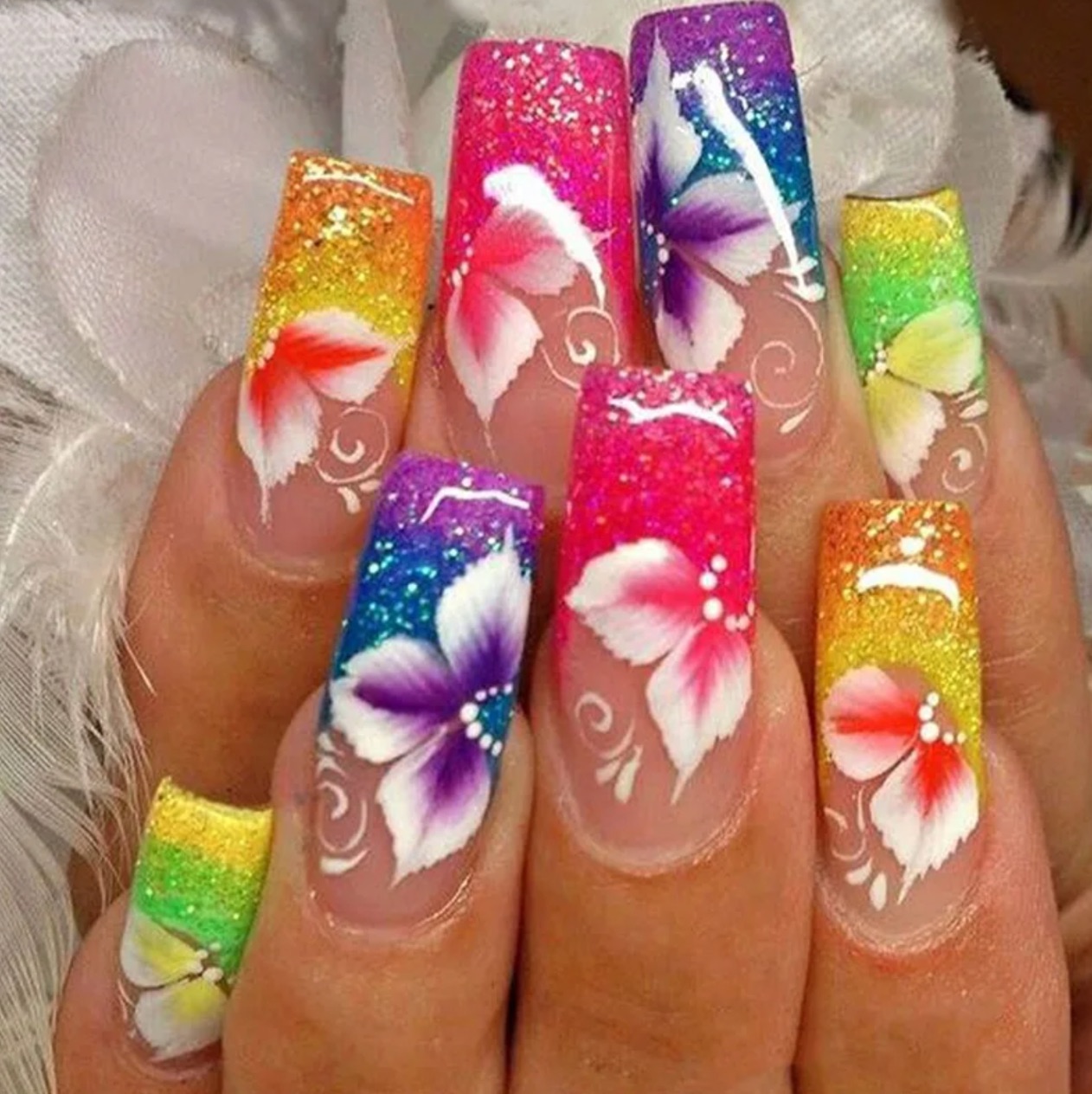 24Pcs False Nails Rhinestone Glitter Marble Grain Design Fake Fingernails Long Ballet Wearable Acrylic Full Cover Press on Nails