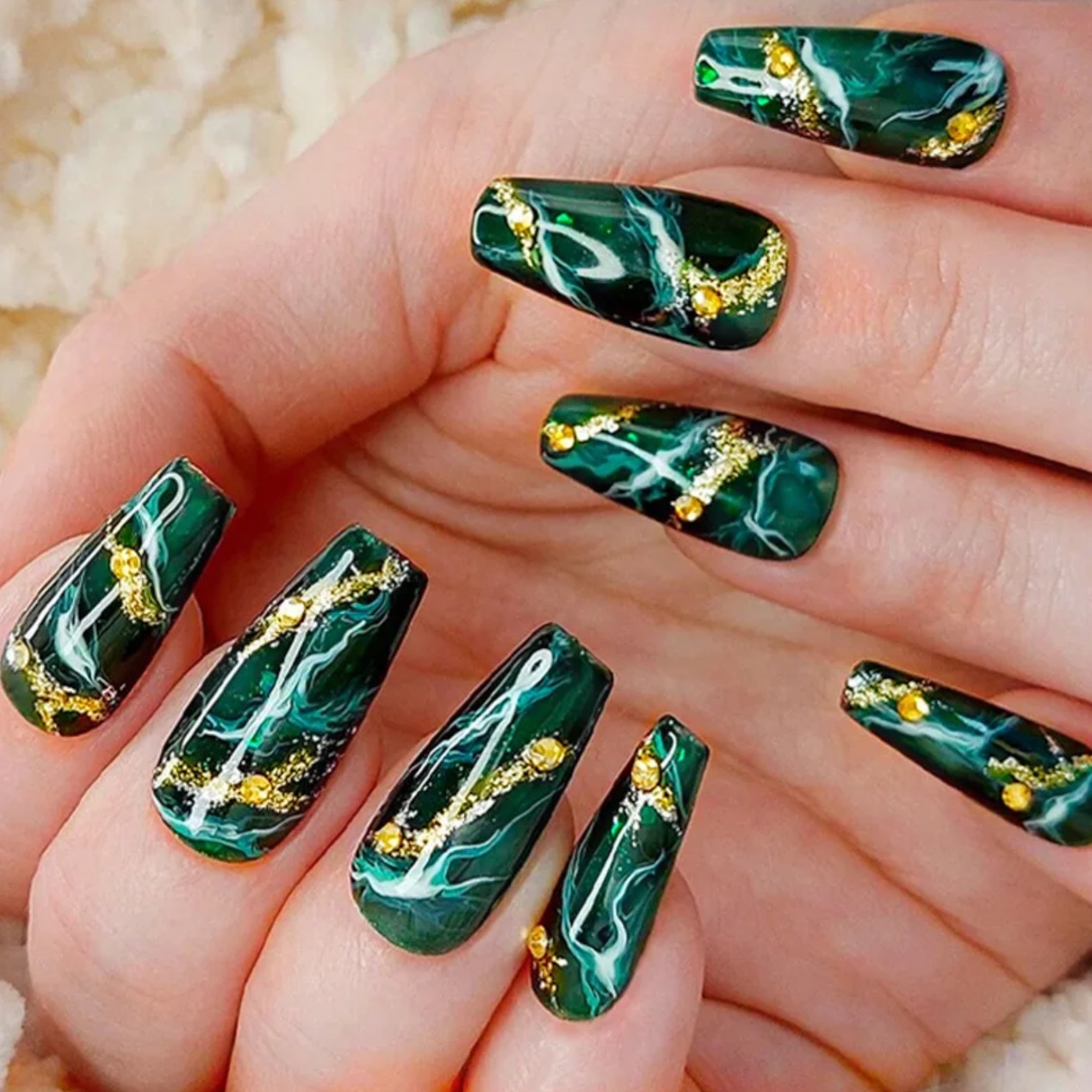 24Pcs False Nails Rhinestone Glitter Marble Grain Design Fake Fingernails Long Ballet Wearable Acrylic Full Cover Press on Nails