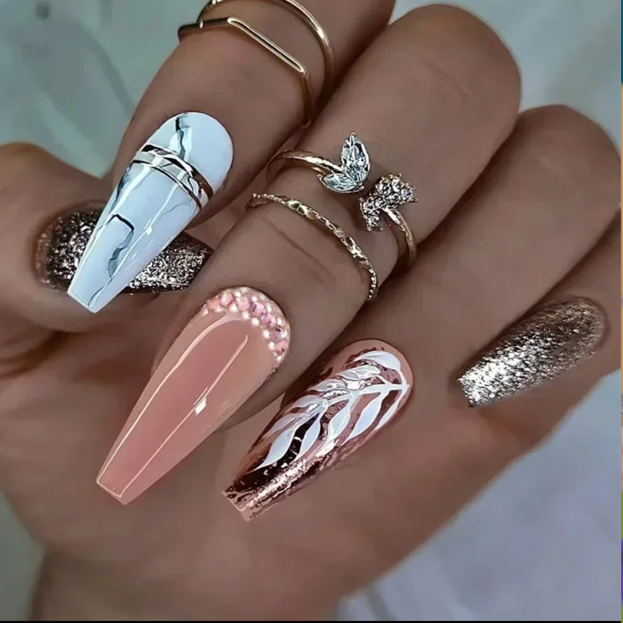 24Pcs False Nails Rhinestone Glitter Marble Grain Design Fake Fingernails Long Ballet Wearable Acrylic Full Cover Press on Nails