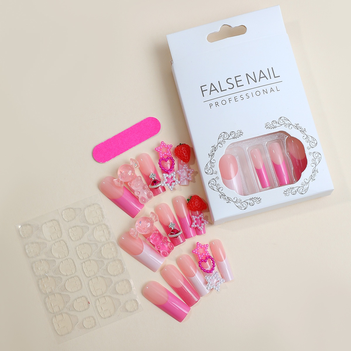 Best Selling Handmade Wearing Nails French Edge Candy Heart Pearls Extended Square Manicure Nails
