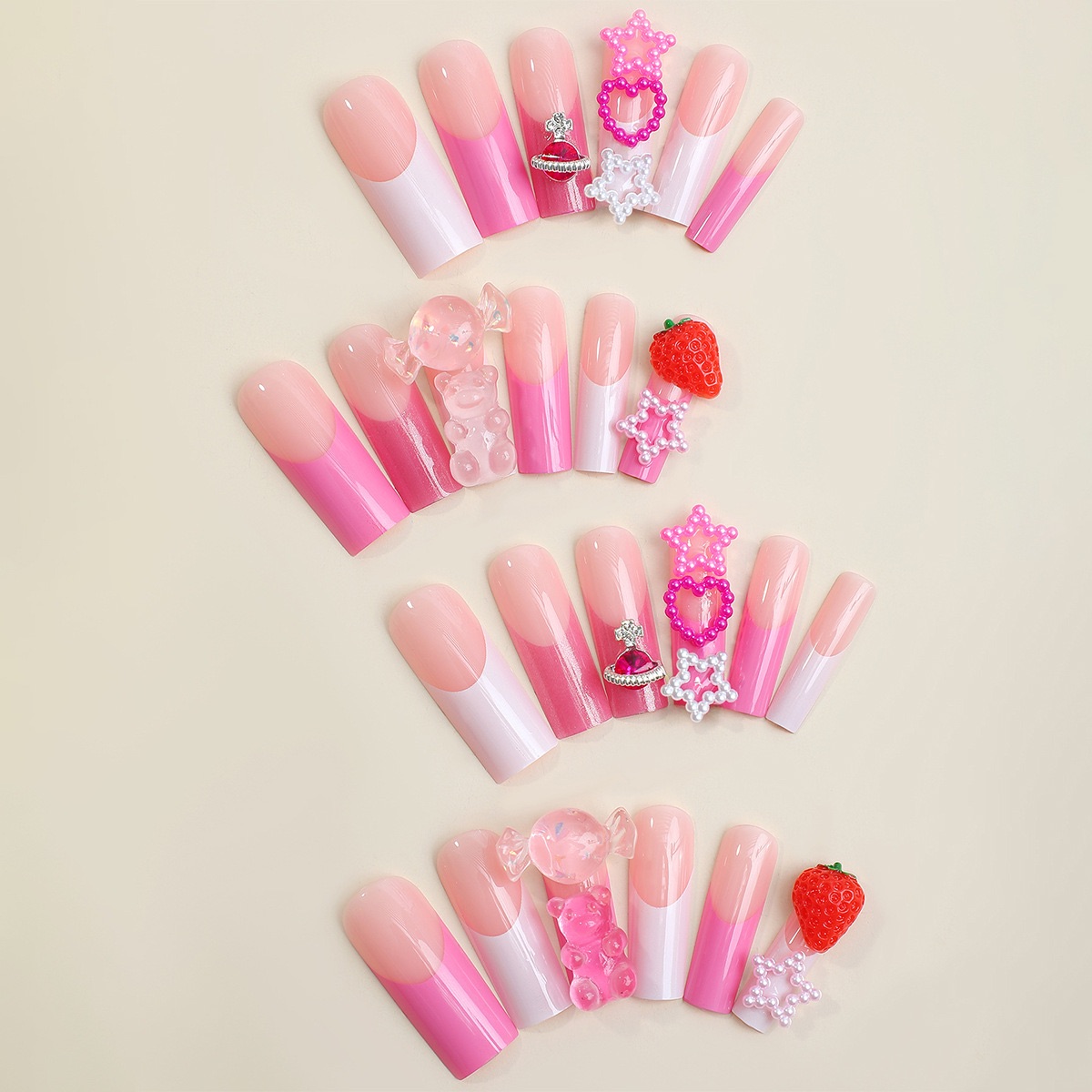 Best Selling Handmade Wearing Nails French Edge Candy Heart Pearls Extended Square Manicure Nails