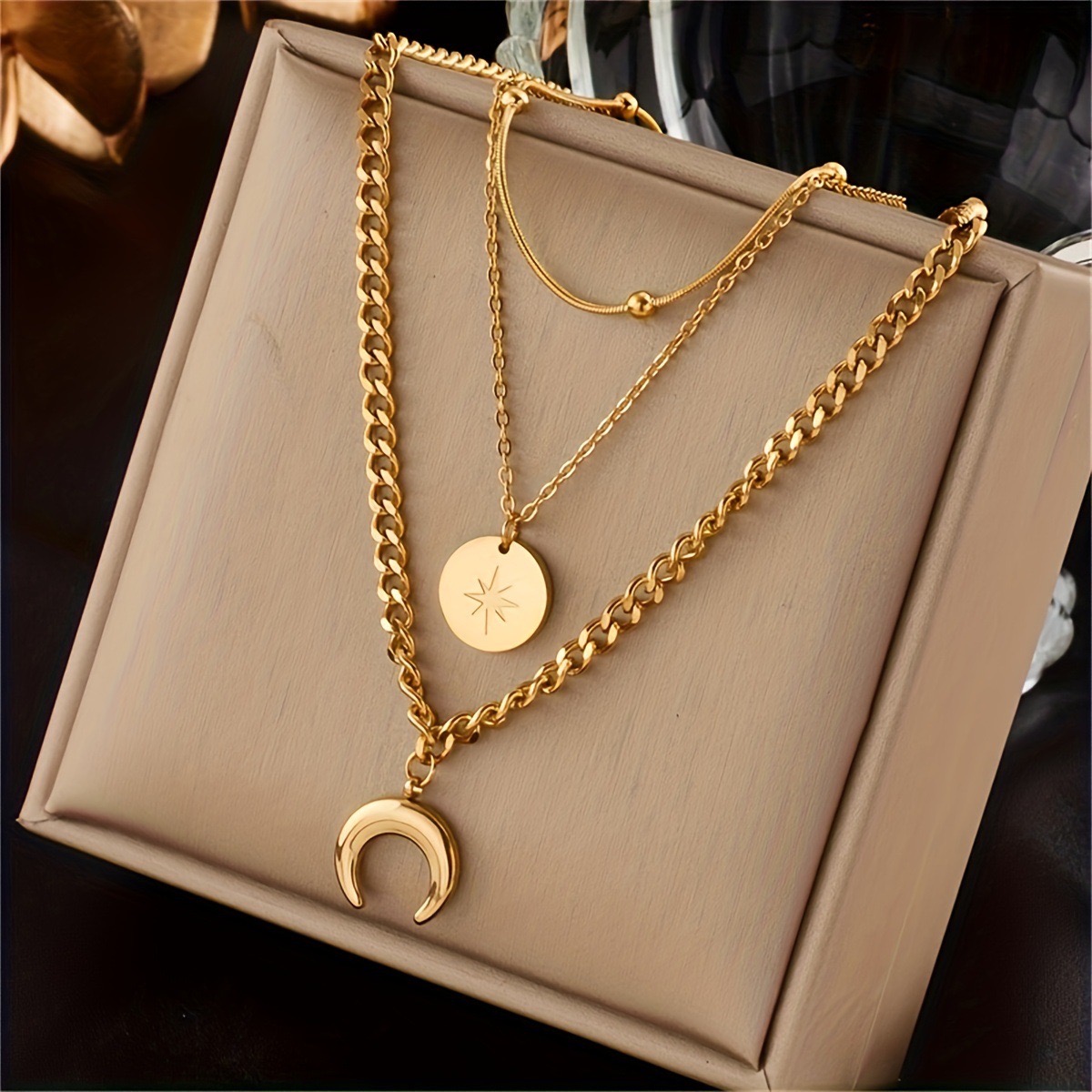Fashion Moon Pendant Necklaces For Women Stainless Steel Multilayer Gold Plated Chain Moon Necklace Birthday Jewelry Gift BFF
