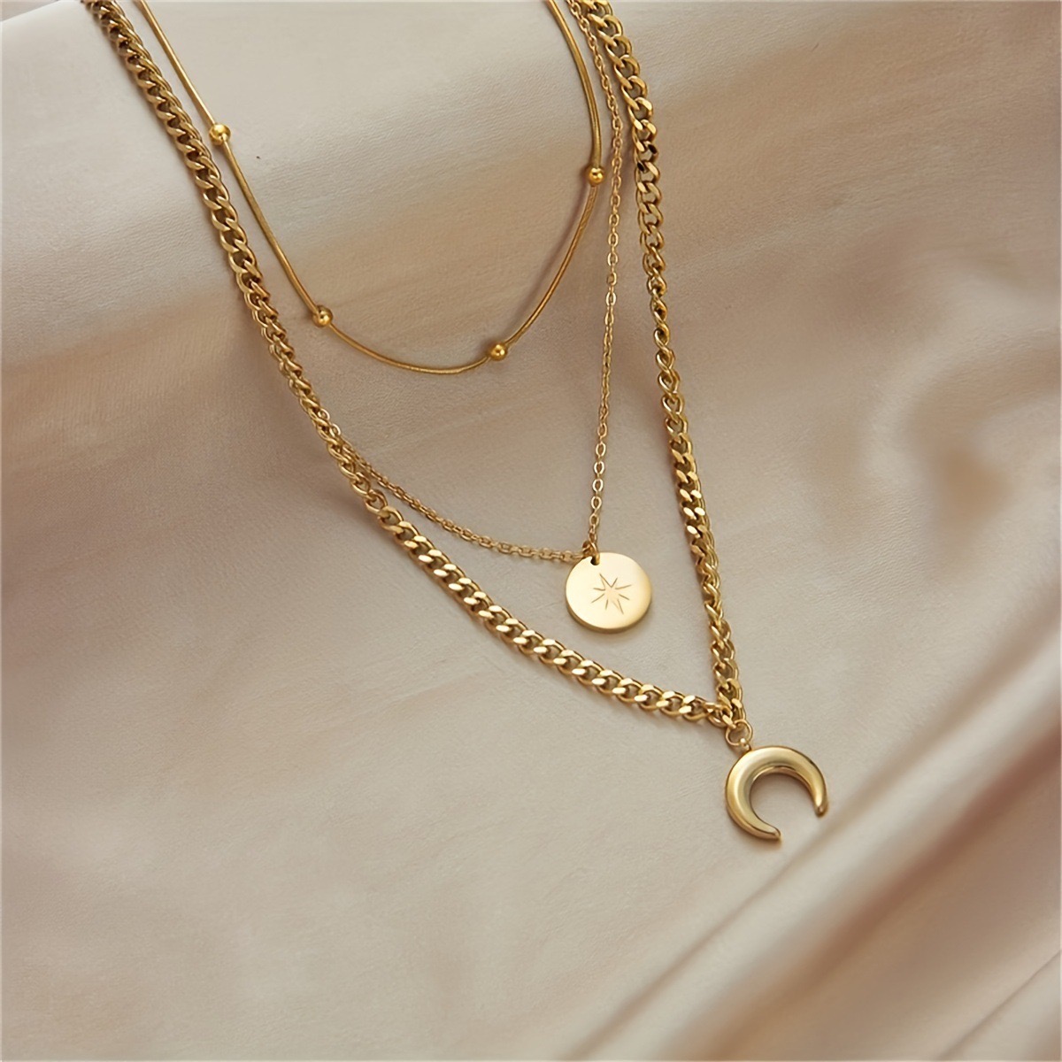 Fashion Moon Pendant Necklaces For Women Stainless Steel Multilayer Gold Plated Chain Moon Necklace Birthday Jewelry Gift BFF
