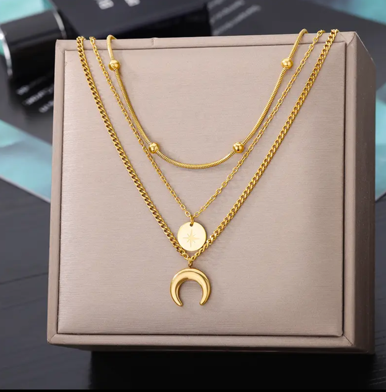 Fashion Moon Pendant Necklaces For Women Stainless Steel Multilayer Gold Plated Chain Moon Necklace Birthday Jewelry Gift BFF