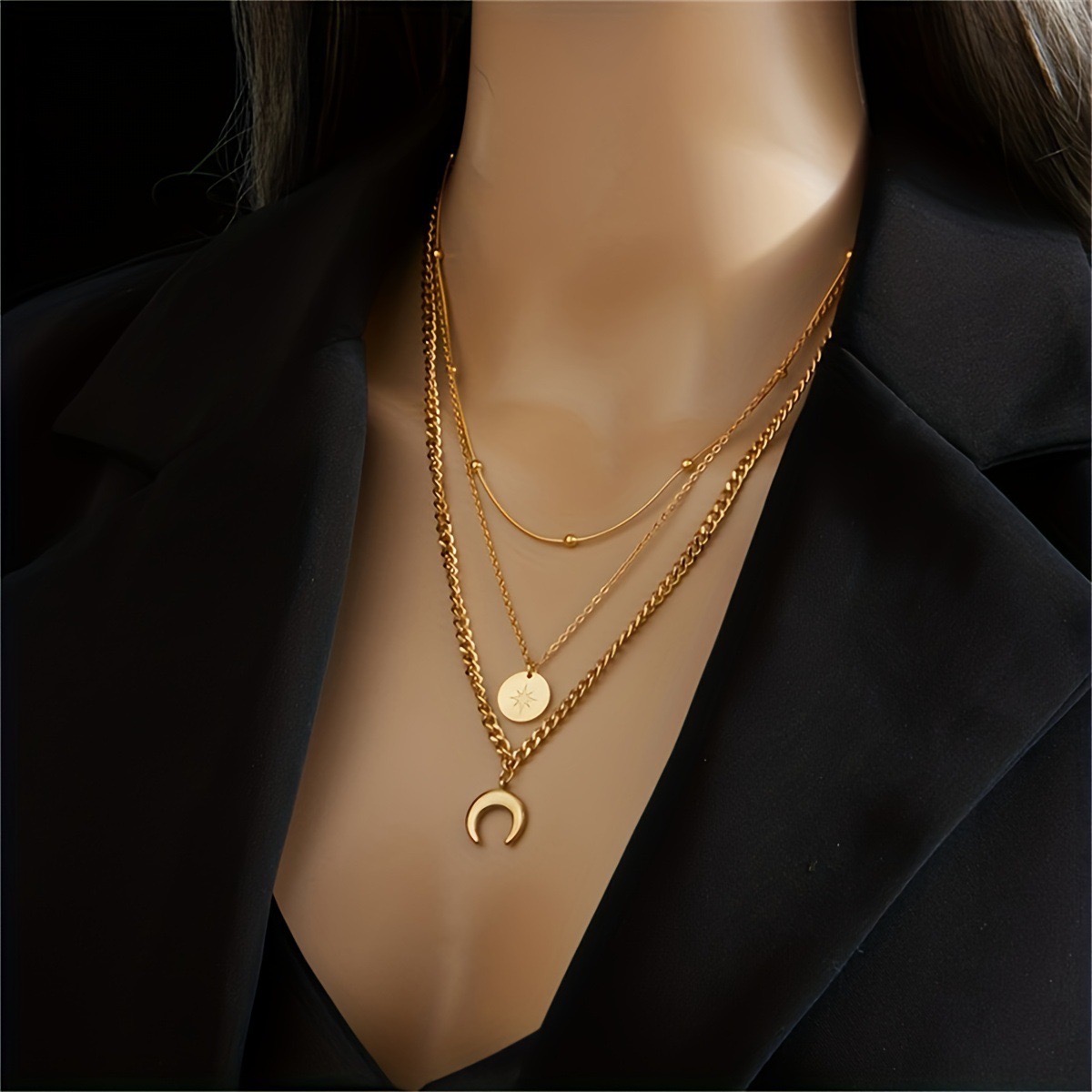 Fashion Moon Pendant Necklaces For Women Stainless Steel Multilayer Gold Plated Chain Moon Necklace Birthday Jewelry Gift BFF