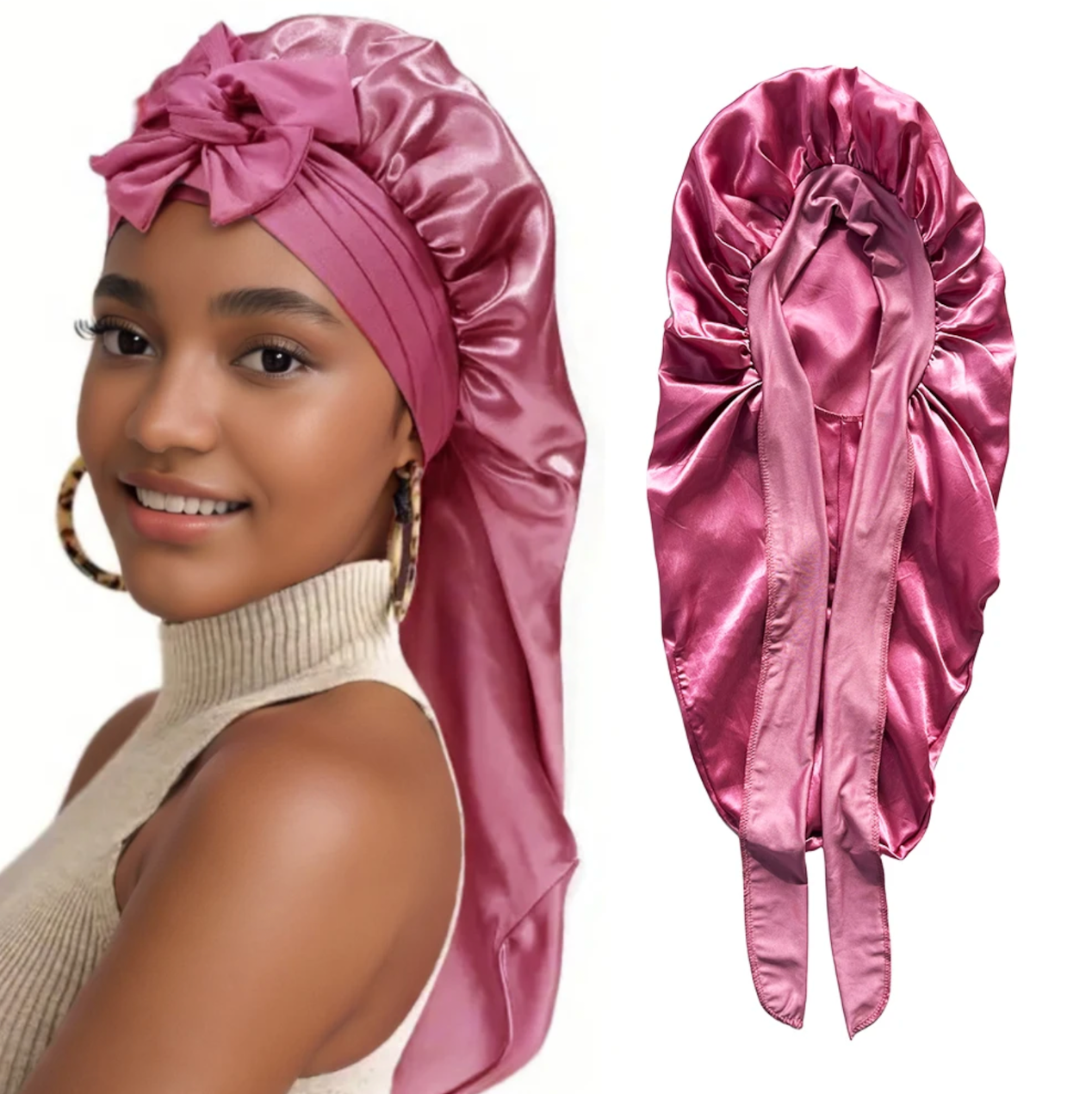 CJ House Long Bonnet+Elastic Satin Hair Band Set Long Silky Bonnet For Sleeping With Wide Elastic Band Headwrap