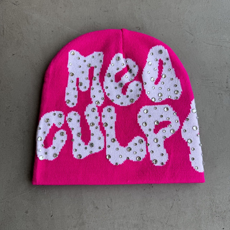 2024 NEW Y2K MEA Culpa Beanies Hat with Rhinestone for Women Men Beanies Hats Hip-hop Soft Stretch Warm Knitted Slouchy Cap