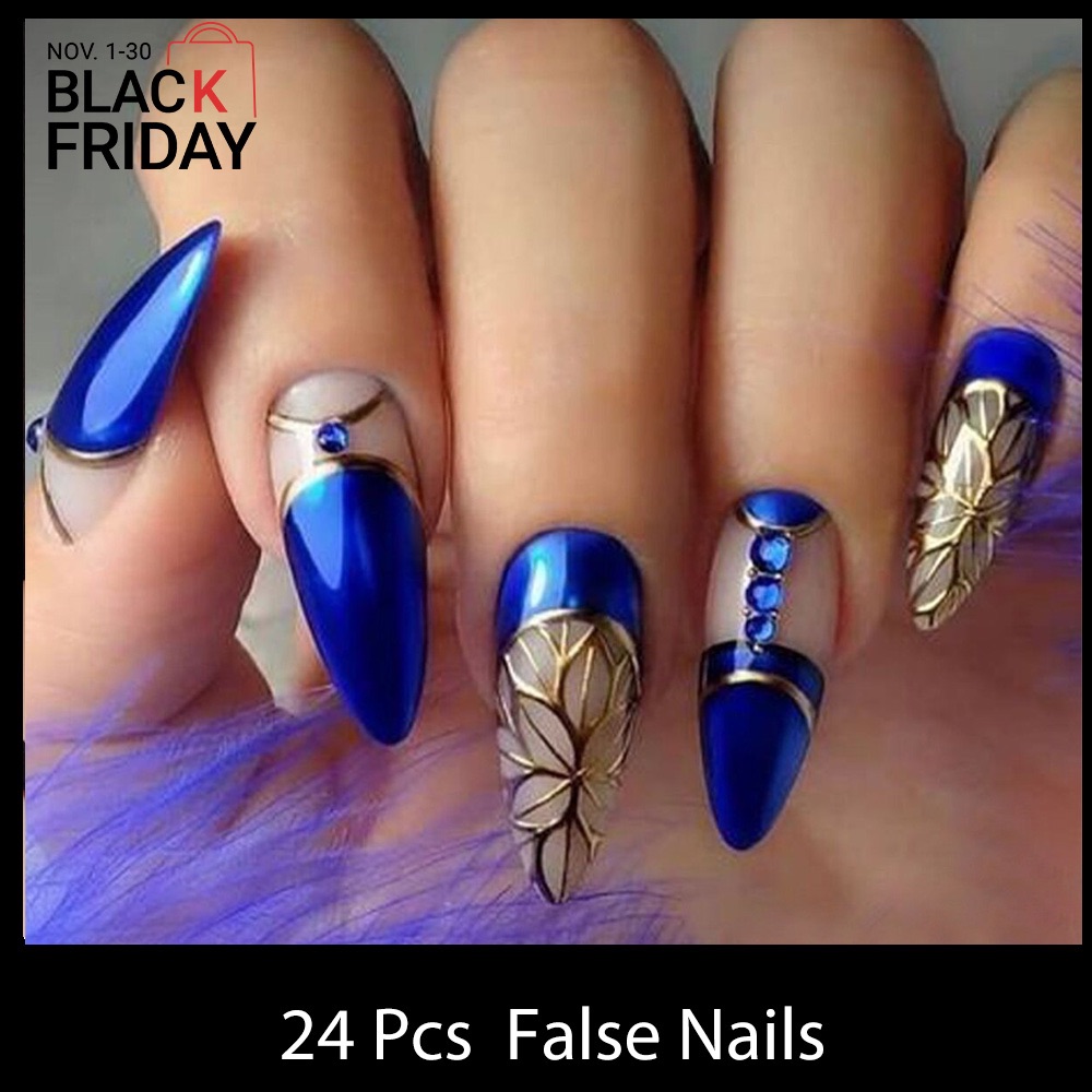 24Pcs Long Stiletto Press on Nails Box Acrylic False Nails with Almond Designs Black Gold Foil French Full Cover Fake Nail Tips