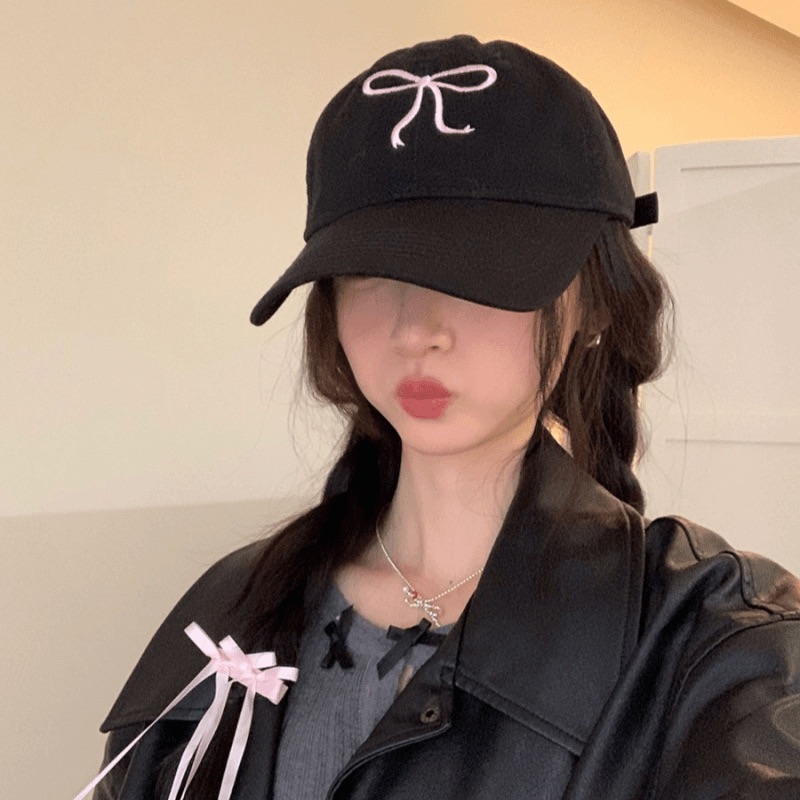 CJ HOUSE Hats Sweet Bowknot Embroidery Baseball Hat for Women Solid Color Korean Girl Peaked Cap Outdoor Soft Cotton Snapback Sun Visors Hat