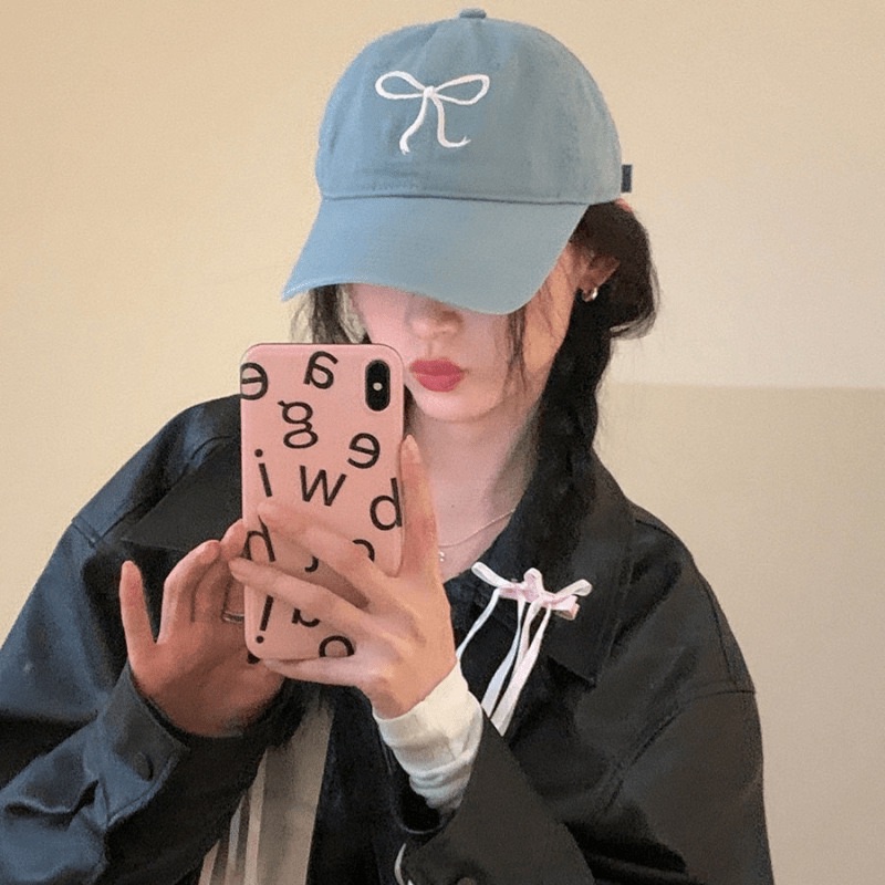 CJ HOUSE Hats Sweet Bowknot Embroidery Baseball Hat for Women Solid Color Korean Girl Peaked Cap Outdoor Soft Cotton Snapback Sun Visors Hat