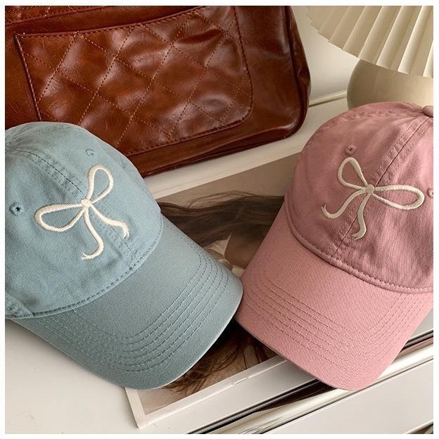 CJ HOUSE Hats Sweet Bowknot Embroidery Baseball Hat for Women Solid Color Korean Girl Peaked Cap Outdoor Soft Cotton Snapback Sun Visors Hat