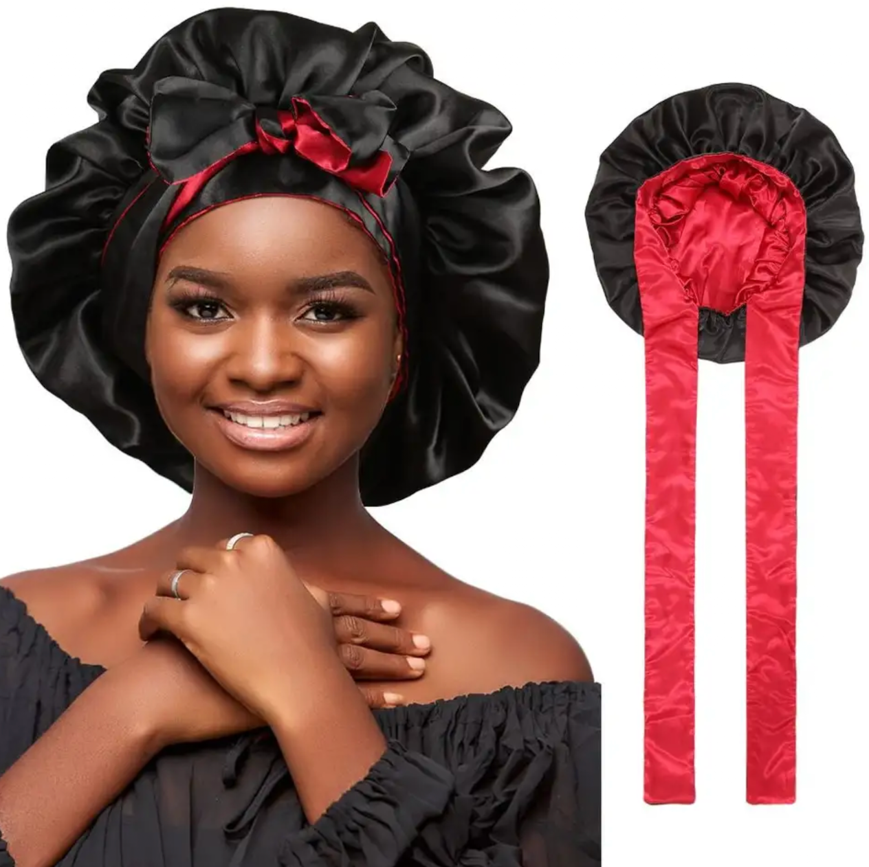 CJ House Double-layer Satin Sleep Cap Soft Stretchy Tie Band Adjustable Silk Hair Wrap Curly Hair Elastic Silky Satin Bonnet Sleeping