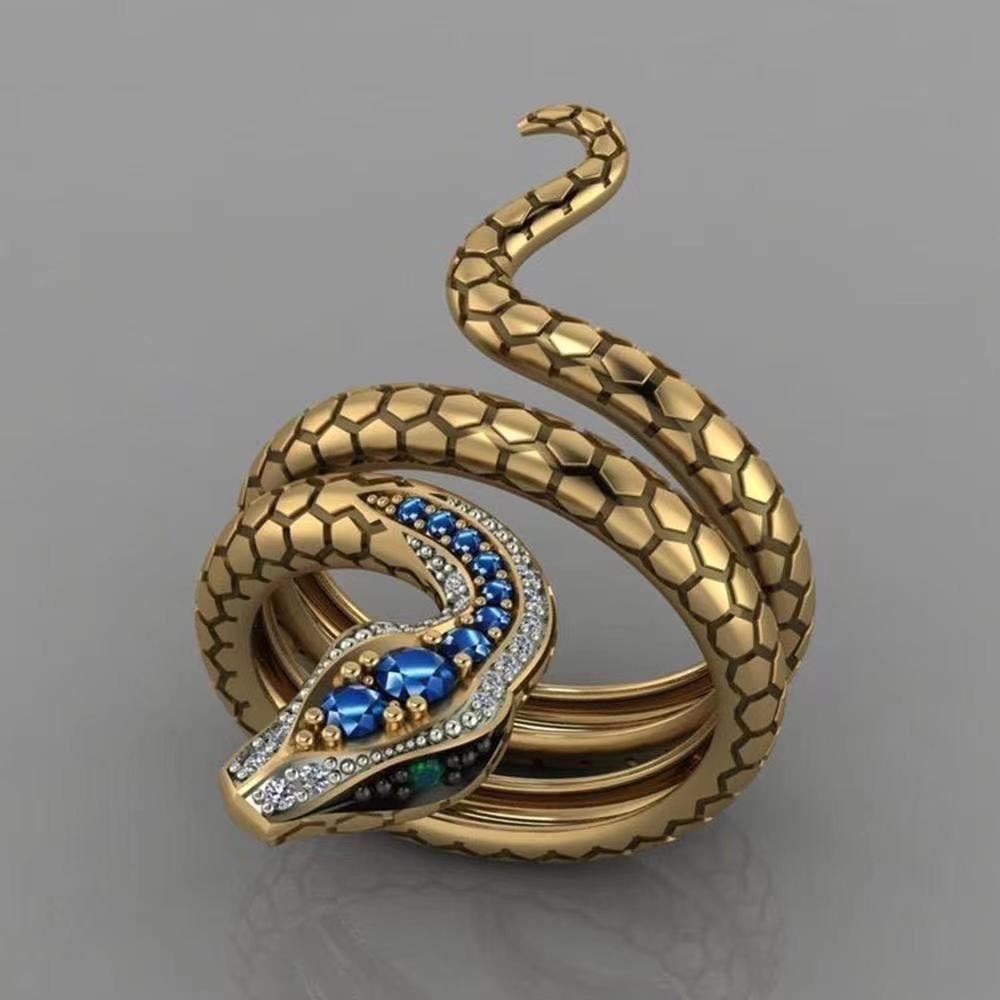Retro Alloy Snake Ring Adjustable Rhinestone Python Ring Men Women Punk Jewelry
