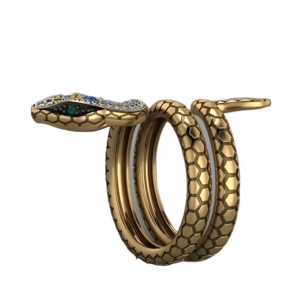 Retro Alloy Snake Ring Adjustable Rhinestone Python Ring Men Women Punk Jewelry