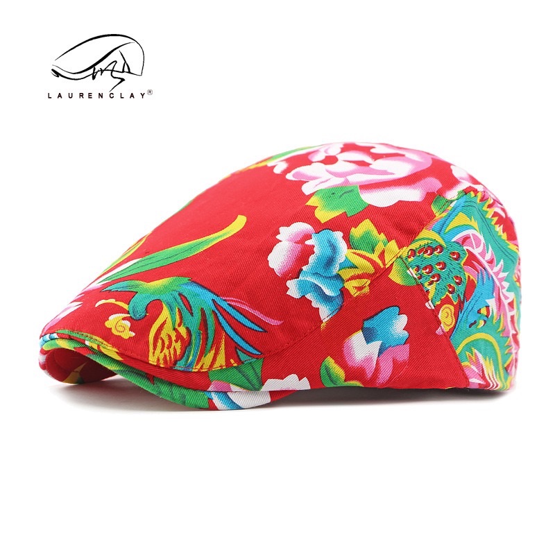 Beret for Men Women Chinese Floral Printed Beret Cap Male Female Vintage Artist Painter Beret Hat Adjustable Flat Cap Men