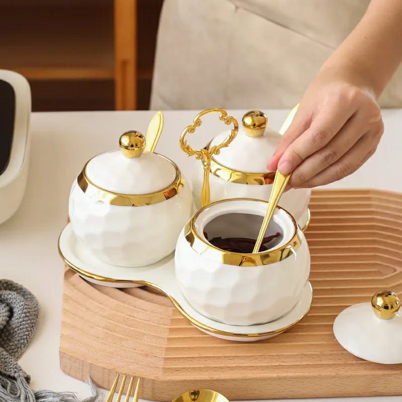 3-in-1 Ceramic Kitchen Sugar Canisters with Triangle Shape Stand – Elegant Dining Table Set for Organized Sugar, Sweeteners, and Condiments Storage