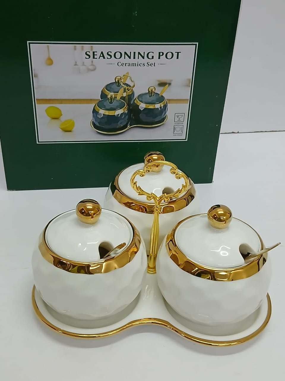 3-in-1 Ceramic Kitchen Sugar Canisters with Triangle Shape Stand – Elegant Dining Table Set for Organized Sugar, Sweeteners, and Condiments Storage