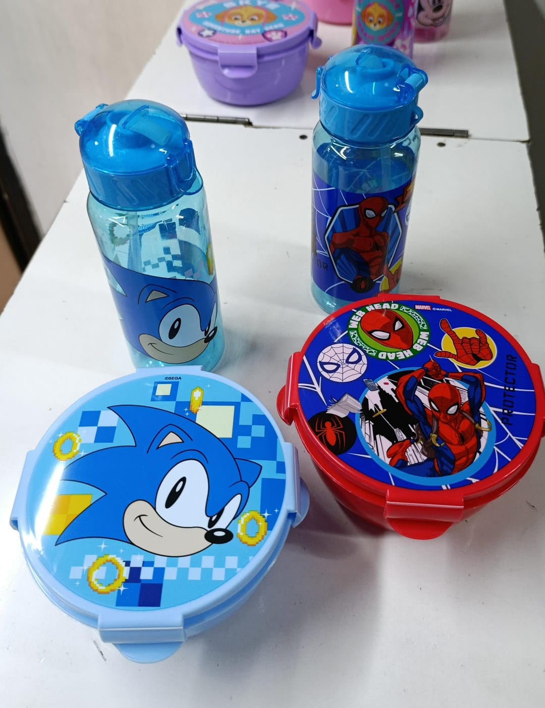 Combo Disney Cartoon-Themed 2-in-1 Lunch Box with Bottle Set, Sonic, Paw Patrol, Spiderman, Mickey Mouse, Kids Snack Box with Water Bottle and Straw, 2-Grid Storage
