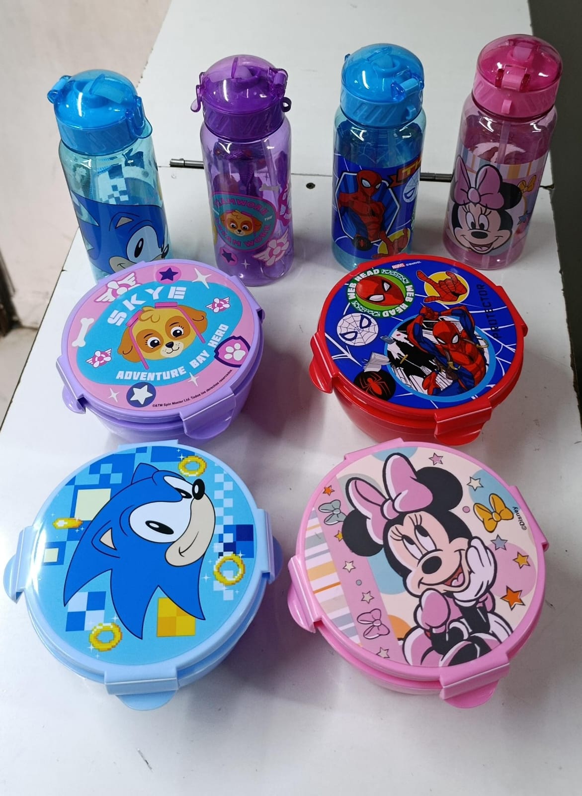 Combo Disney Cartoon-Themed 2-in-1 Lunch Box with Bottle Set, Sonic, Paw Patrol, Spiderman, Mickey Mouse, Kids Snack Box with Water Bottle and Straw, 2-Grid Storage