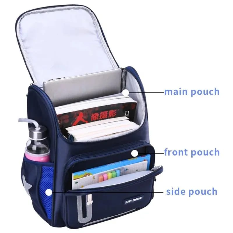 SM Medium School Bag – Spacious Blue Tough Fabric Backpack for Boys & Girls from Grade 1 to 6, Durable Kid's Daily Book Bag for Essentials