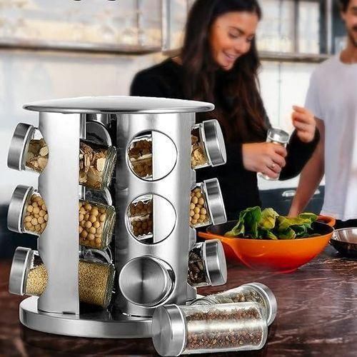 SPICE RACKS. Generic  Spice Jar Rack Revolving Rotating Countertop, Spice Organizer, Seasoning Set, Spice Carousel Stainless Steel Stand Storage Holder with 12 Pcs Glass
