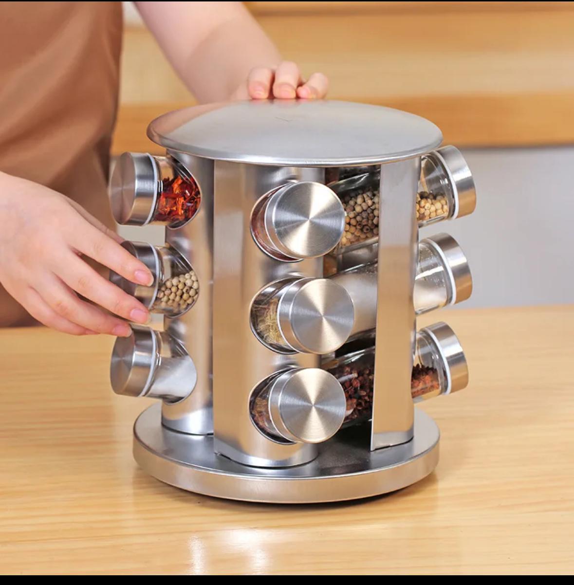 SPICE RACKS. Generic  Spice Jar Rack Revolving Rotating Countertop, Spice Organizer, Seasoning Set, Spice Carousel Stainless Steel Stand Storage Holder with 12 Pcs Glass
