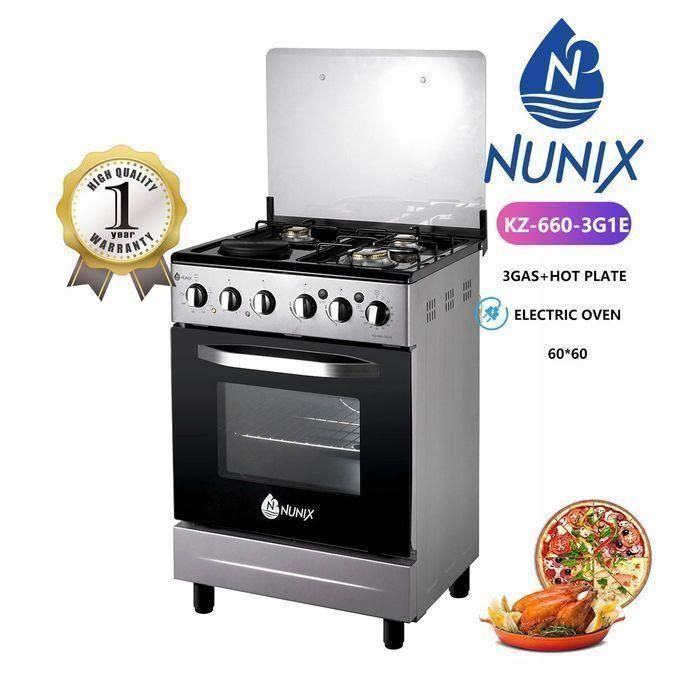 (CLEARENCE SALE) Nunix 60×60 3+1 Free Standing Cooker with Electric oven, 3 GAS + 1 HOT PLATE WITH ELECTRIC OVEN 60L CAPACIRY