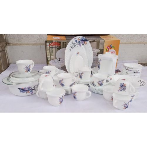 SUNDABEST 58 PCS CERAMIC DINNER SET - 20 plates 12 tea cups, 12 saucers, 1 soup bowl and 6 small bowls, 1 tea pot, 1 milk pot, 2 lids, 1 sugar dish and lid .