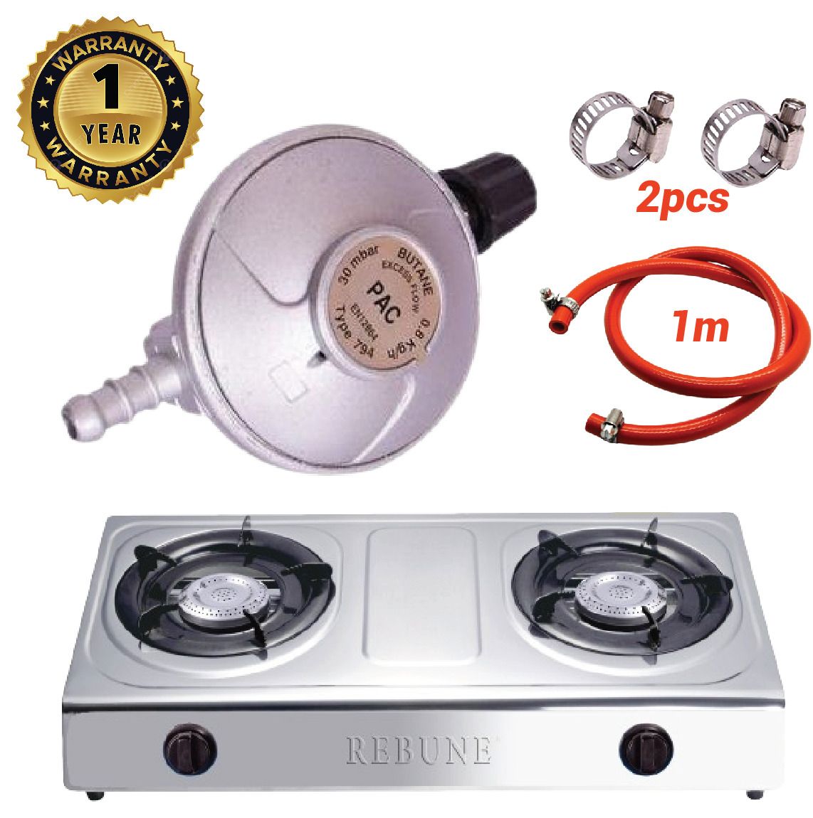 REBUNE 2 Burner  AUTO IGNATION Gas Cooker  PLUS FREE 6kg Gas Regulator, Gas Pipe and Pipe Clips