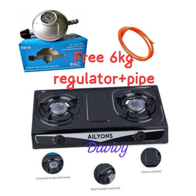 AILYONS LYNS Table Top Stainless Steel, Auto Ignation 2 Burner Gas Cooker, PLUS FREE 6kg Regulator And Pipe