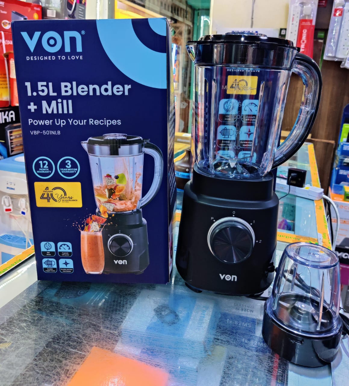 VON VBP-501NLB 1.5L Blender Full copper Motor, 2 Speeds & Pulse Function with UNBREAKABLE jar and STRONG Grinding Blades