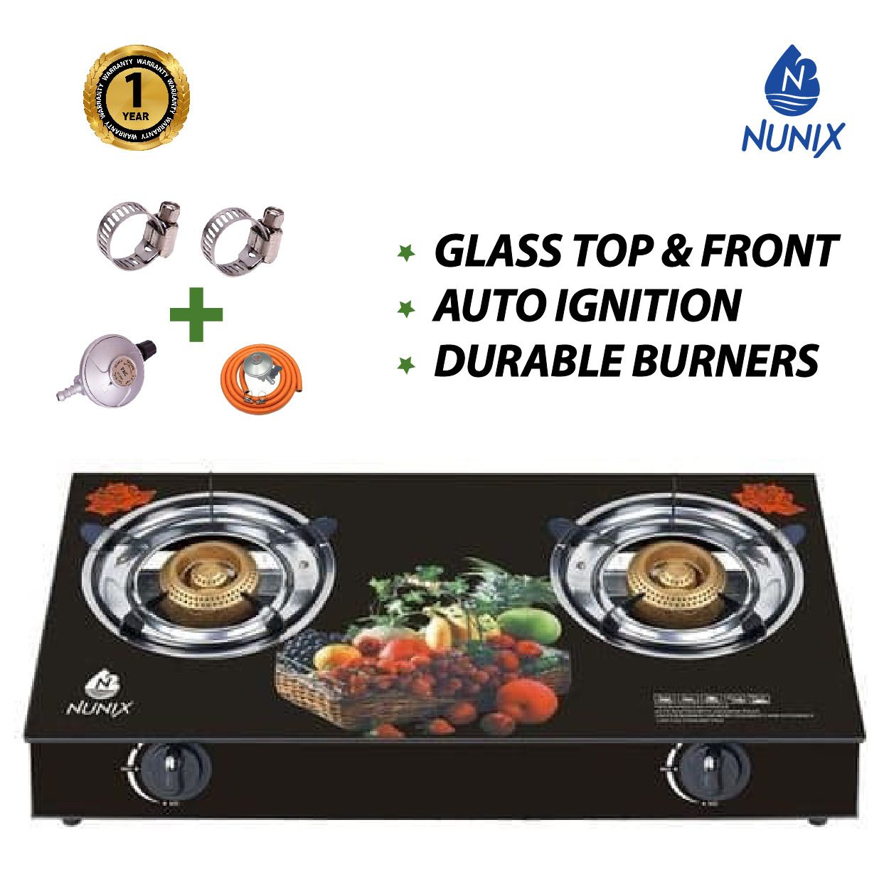 Nunix Glass Table Top Double Burner Gas Cooker With FREE 6KG Regulator + Pipe and clips