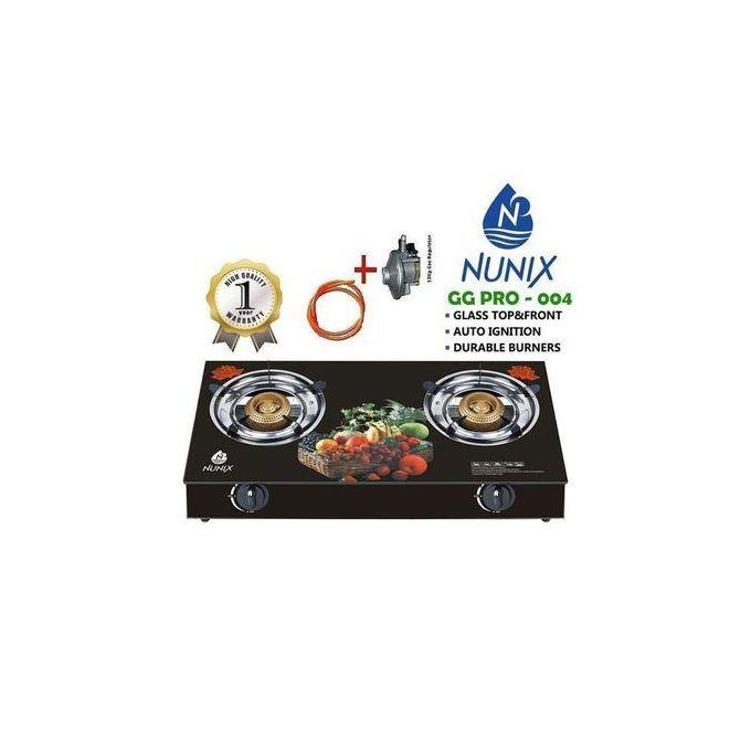 Nunix Glass Table Top Double Burner Gas COOKERS  With free FREE 13kg Regulator + pipe