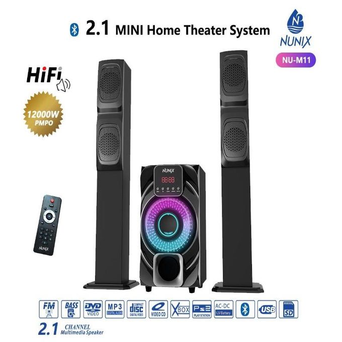 NUNIX (NU- M11) 2.1 CH HOME HEATRE SPEAKER SYSTEM - Amazing Sound, Super Bass surround, High tech Multimedia, Aux/FM ready, USB Support, 12000W PMPO, Bluetooth, USB/SD/FM 2.1CH Digital Radio.