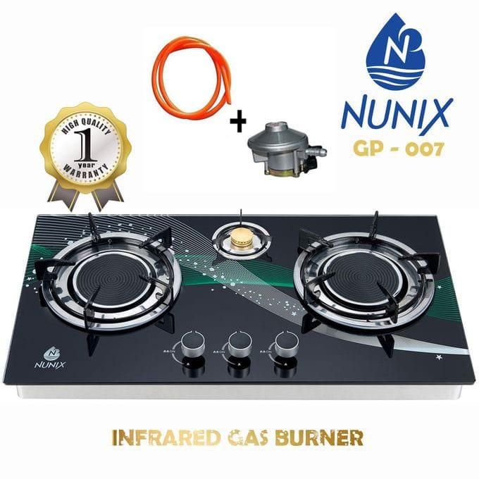OFFER Nunix 3 Burners Glass Table Top WITH 2 INFRARED Burner Gas Stove & low gas consumption +Free 1M pipe + 13kg Regulator