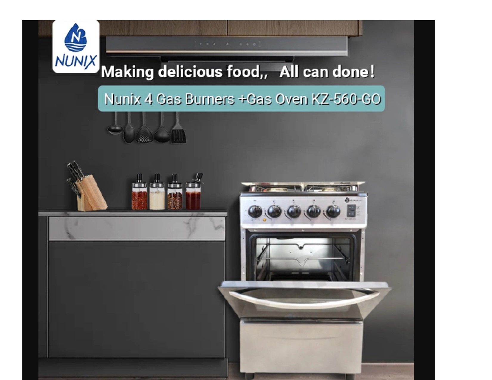 Nunix KZ-560-GO Free Standing 4 Gas Burners Oven Cooker Gas Cooker