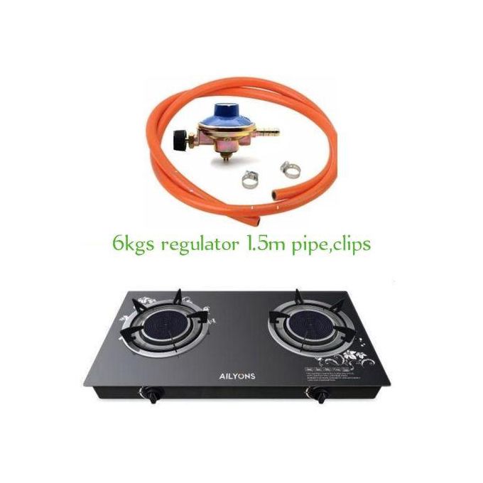 AILYONS Auto ignition 2 INFRARED Burner Glass Table Top + 1MPipe + 6KG Regulator +clips