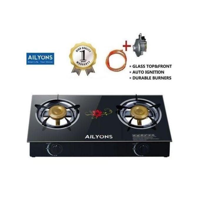 Ailyons Glass Table Top Double Burner Gas Cooker With FREE 6KG Regulator + Pipe and clips