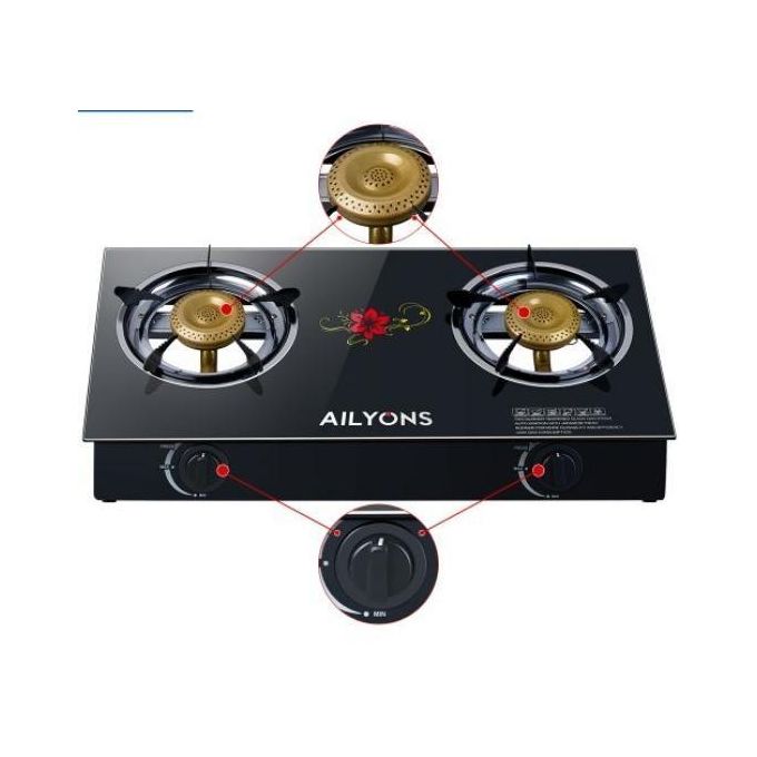 Ailyons Glass Table Top Double Burner Gas Cooker With FREE 6KG Regulator + Pipe and clips
