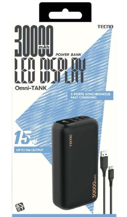 Tecno 3 Way High-Speed Charging 30000 mAh Multi-Protection Power Bank_ Black