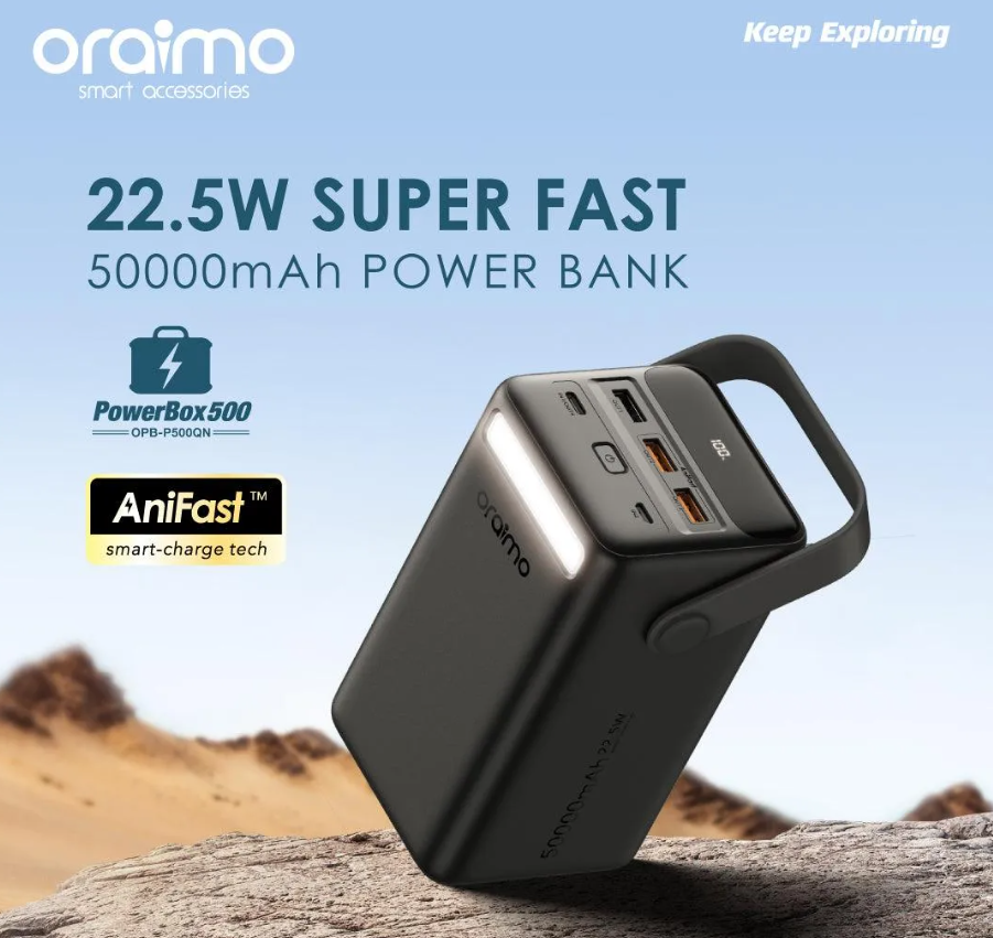 Oraimo PowerBox 500 50000mAh 22.5W portable Power Bank 22.5W super fast charging With Three-mode Adjustable LED Lights Powerbank