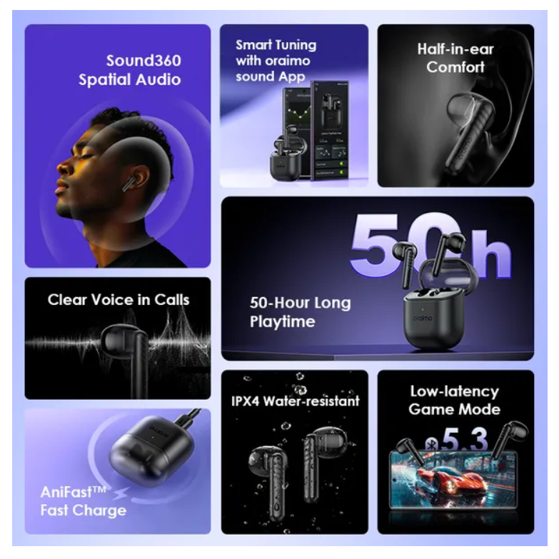 Oraimo FreePods Neo ENC True Wireless Earbuds Sound360 Spatial Audio  50-hr Long Playtime Bluetooth Earpods Earphones
