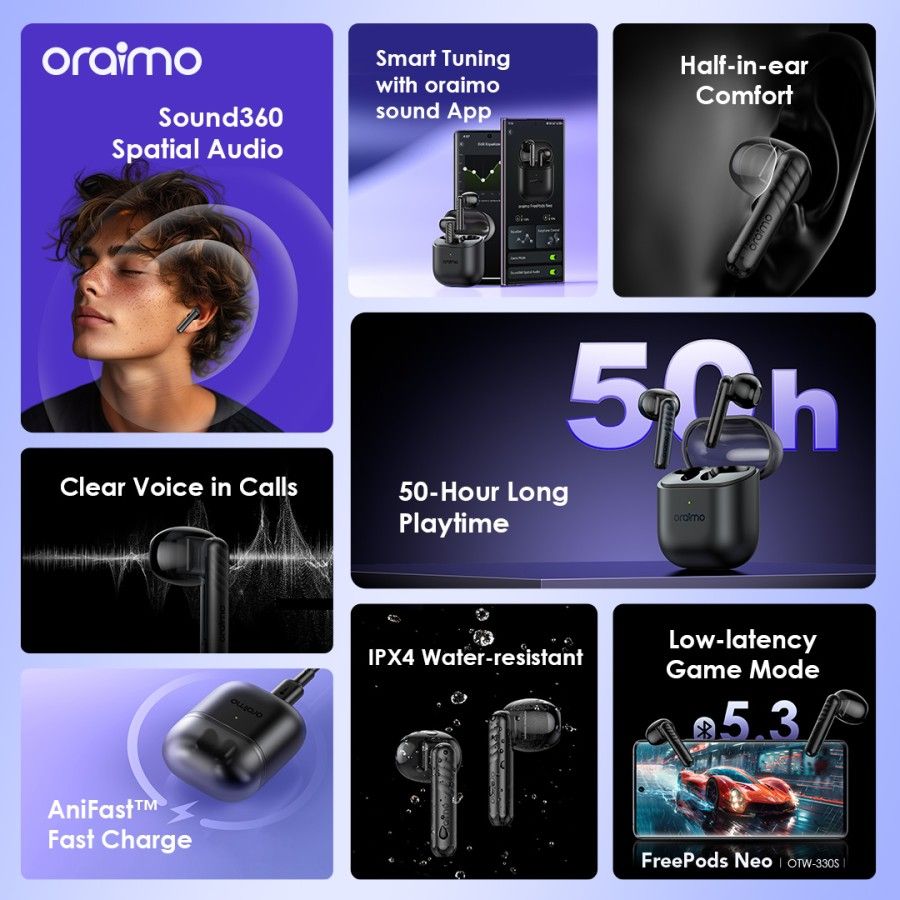 Oraimo TWS Freepods Neo OTW-330S Bluetooth v5.3 True Wireless Stereo Bluetooth ENC Headphone Gaming Earbuds Low Latency IPX4 Waterproof