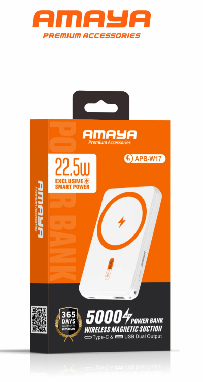 Amaya APB-W17 wireless magnetic power bank 5000mah ultra-thin 22.5W super fast charging which Features both wireless and wired charging capabilities for added versatility